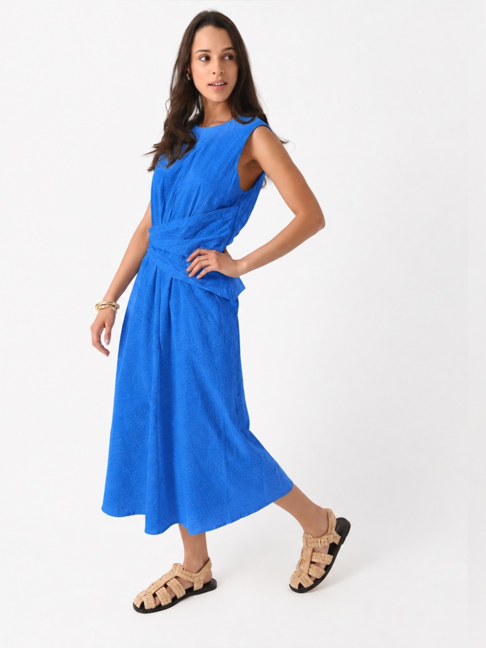 FRAME Ruched Sleeveless Cotton Midi Dress Size Medium Coastal Blue Draped Waist - Picture 2 of 11